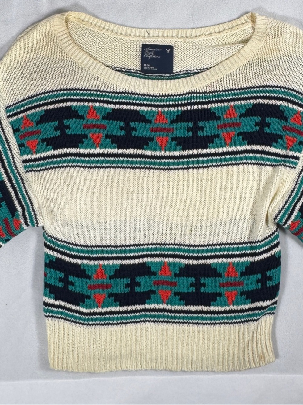 Cream Fair Isle Short-Sleeve Sweater with Teal & Red Pattern
